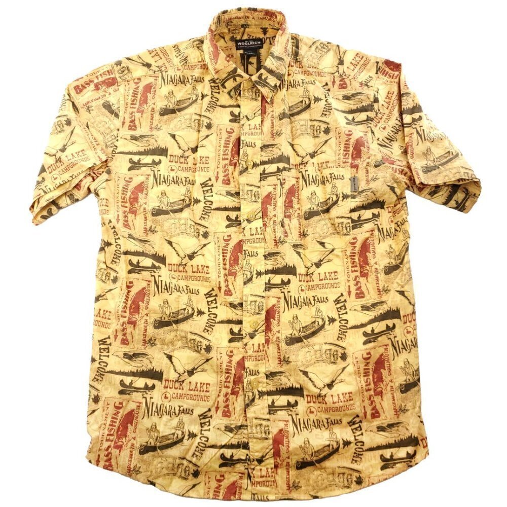 Woolrich Niagara Falls Bass Fishing All Over Print Campground Shirt Men Large